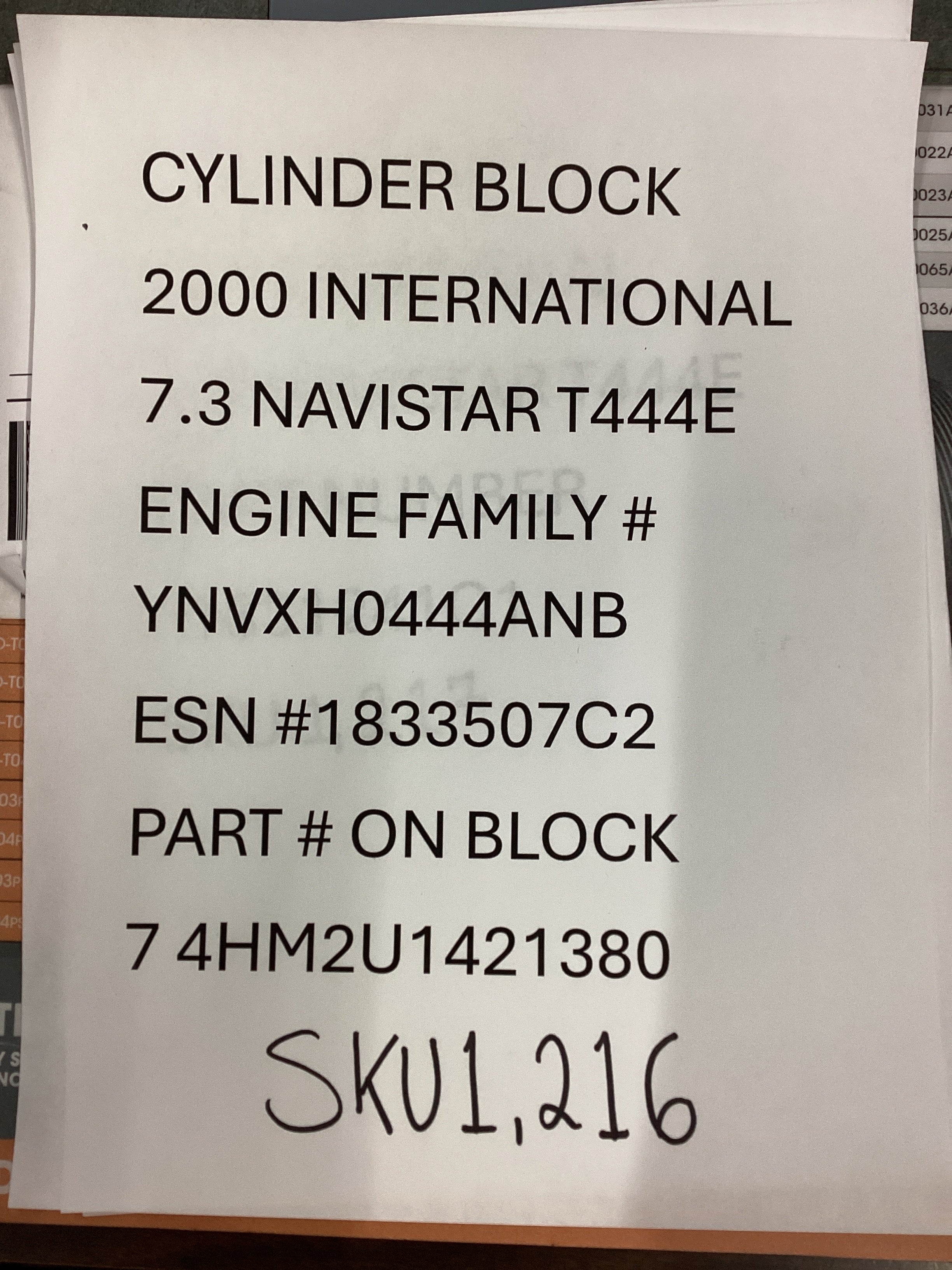 USED | ENGINE CYLINDER BLOCK 2000 INTERNATIONAL NAVISTAR 7.3 T444E | SKU1,216
